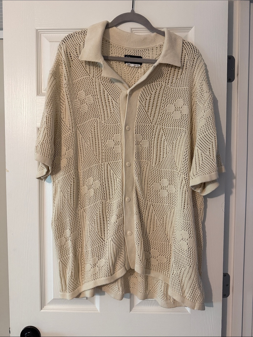 Original Use Cream Short-Sleeve Open-Knit Button-Front Shirt
